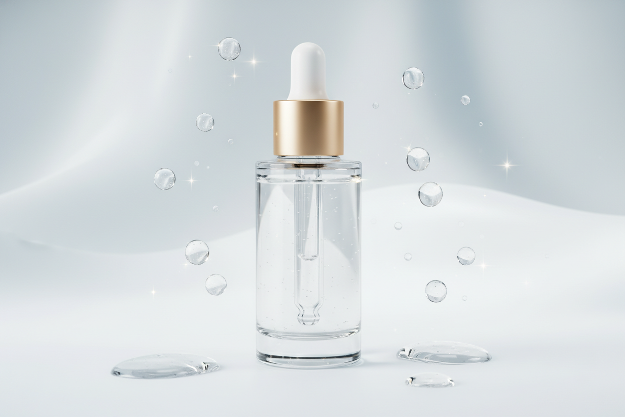 High-end skincare serum bottle with a white dropper, brushed-gold collar, and crystal-clear glass. Background in soft white with subtle porcelain blue undertones, giving a clean clinical-luxury aesthetic. Include floating drops of serum catching the light. Lighting: cool diffused daylight with reflective highlights for a glass-crystal effect. Ultra-sharp 8k, luxury beauty advertisement styling, elegant minimalism.