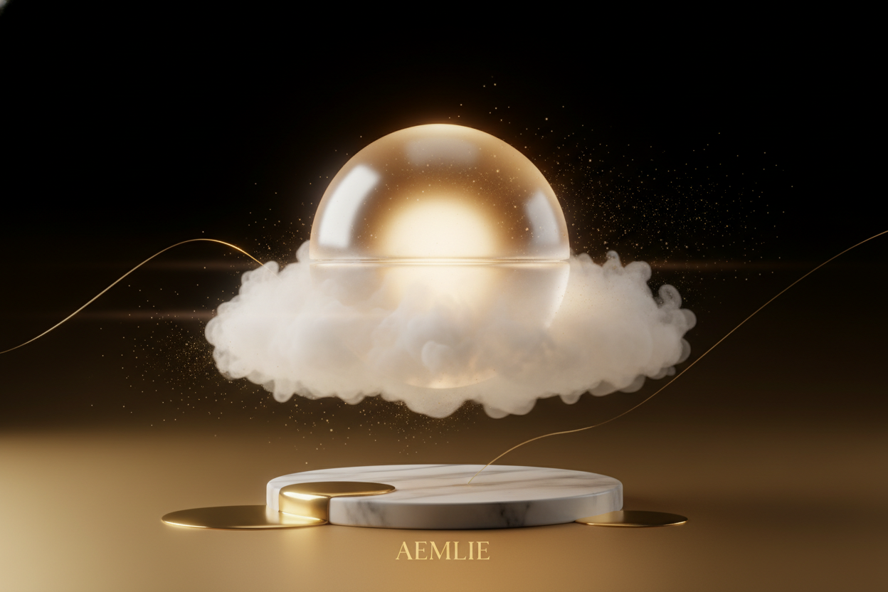 “Hyper-luxury perfume still-life. A glowing orb of light suspended in soft mist, warm champagne gold reflections, translucent particles drifting in the air, minimalist marble pedestal, black-to-gold gradient background, cinematic lighting, ultra-fine detail, ethereal and atmospheric — Aemlie brand mood.”