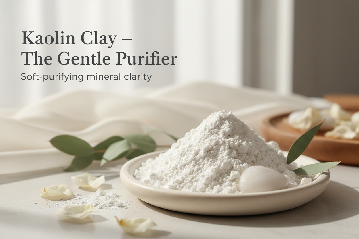 Kaolin is a gentle yet effective cleansing clay that draws out impurities from the pores without stripping the skin. It helps absorb excess oil, smooth rough texture, and refine the look of congestion.

Because kaolin is naturally soft and non-drying, it offers a balanced detox that leaves the skin clean, fresh, and comfortable — never tight or overworked. Write in title and tagline: Kaolin Clay — The Gentle Purifier. Tagline - Soft-purifying mineral clarity