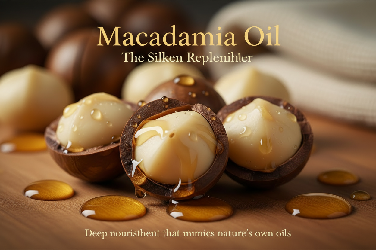 Keep the image, the tagline but correct the title. - Macadamia Oil – “The Silken Replenisher”