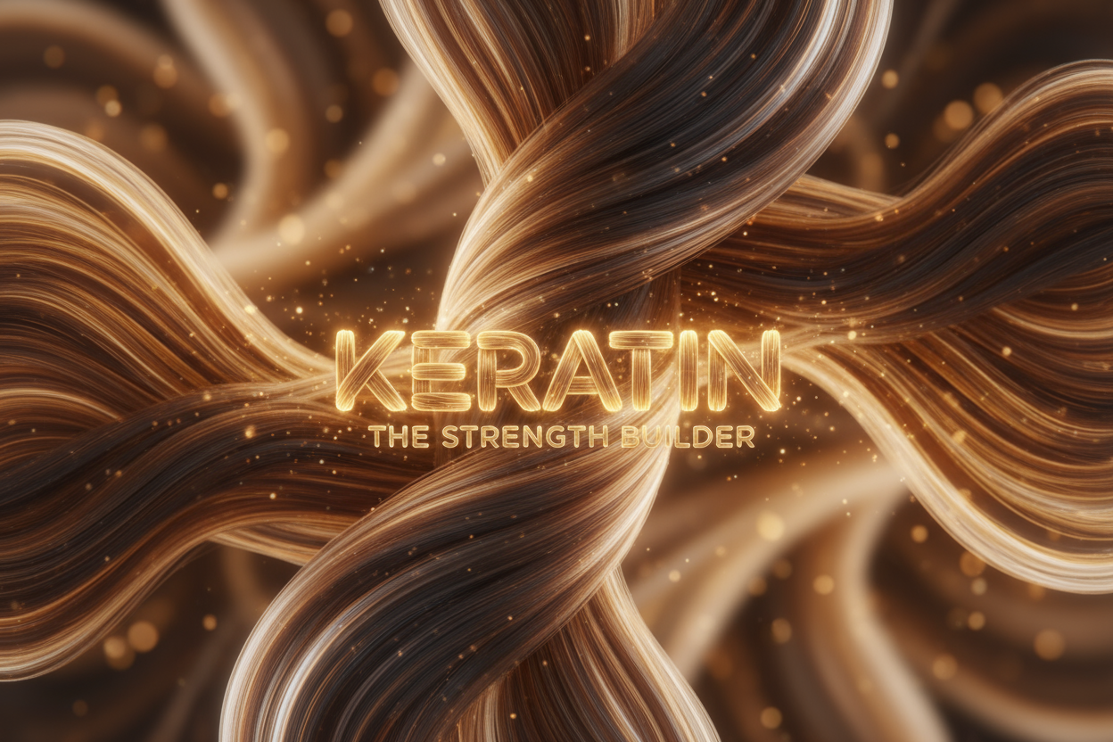 Keratin – The strength builder. Silky strands weaving together like glowing ribbons. (Light catching on smooth flowing hair fibres.)