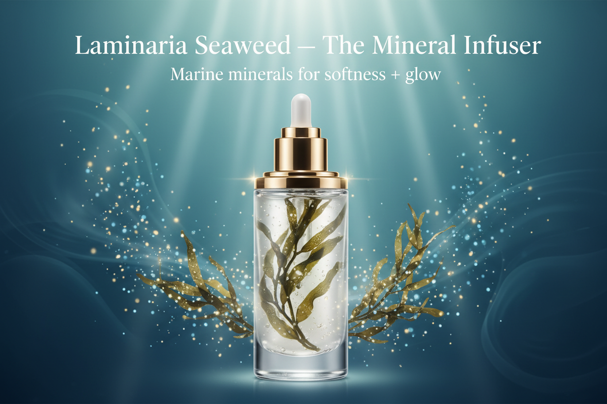 Laminaria is a mineral-rich seaweed that delivers hydration and nourishment to dull, depleted skin. Its natural trace elements help support healthier texture and renewed radiance.

This botanical helps condition and soften the skin, reinforcing the mask’s glow-enhancing benefits and leaving the complexion feeling smooth and revitalised. Write in title and tagline: Laminaria Seaweed — The Mineral Infuser. Tagline: Marine minerals for softness + glow