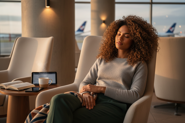 Light-skinned British-Caribbean woman with Type 3B curls, cozy airport-lounge scene, soft lighting.