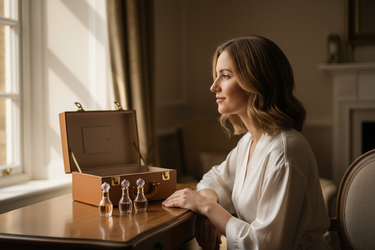 Light-skinned British woman with shoulder-length golden-brown hair, subtle waves and natural glow. Photograph her at a vanity with the three mini bottles beside her travel case — soft afternoon light, muted beige tones, timeless elegance.