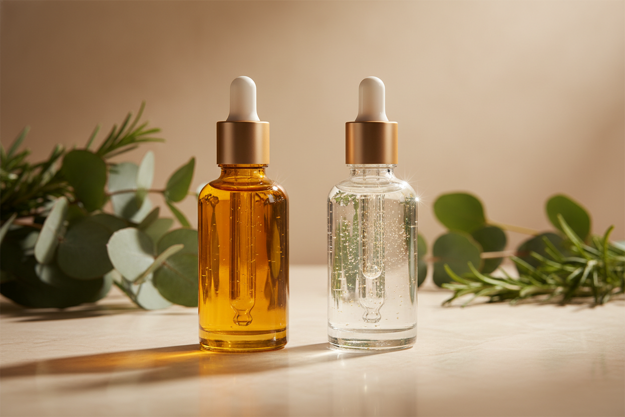 Luxurious vignette featuring two hair serum bottles in warm amber-gold and clear crystal. Dropper caps in matte champagne gold. Background in a soft neutral beige with botanical accents (eucalyptus, rosemary, or fresh leaves) softly out of focus. Warm studio lighting with radiant highlights, subtle reflection under the bottles, extremely clean, premium apothecary aesthetic, 8k editorial quality.