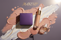 Luxury flat lay of modern makeup products styled in Aemlie’s signature palette — deep violet, soft nude-rose, porcelain ivory, and accents of radiant gold. Include a satin-finish compact, foundation drops, and a crystal-clear lip oil bottle on a reflective glass surface with soft diffused light. Surround with gentle swirls of pigment or cream textures in nude and rose tones. The lighting should is luminous golden highlights and soft purple shadows, Highend scientific precision with title Makeup across image