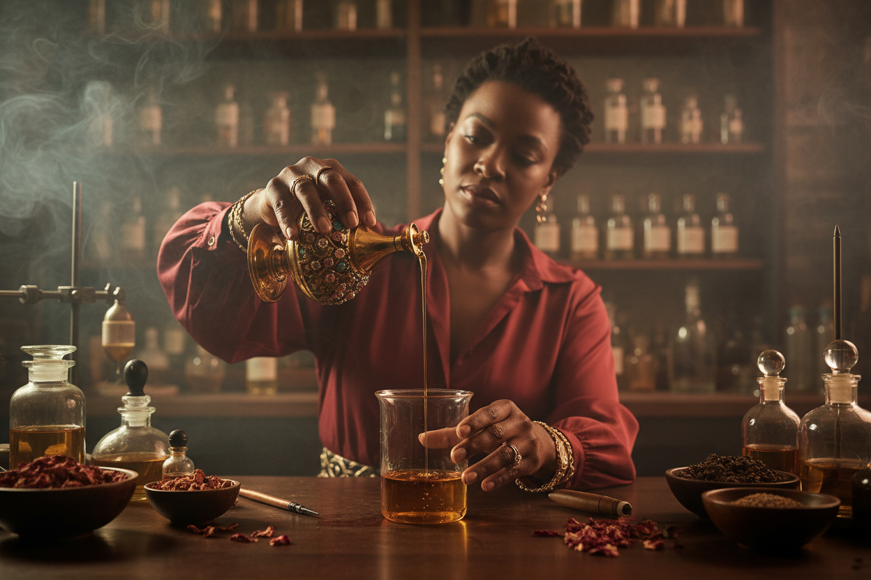Master black female perfumer pouring perfume oil into a glass beaker, gold reflections, artisan studio backdrop, soft smoke haze, fine details, cinematic mood.