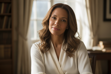 Medium-brown British woman with highlighted wavy hair; soft daylight portrait, silk blouse, effortless poise.
