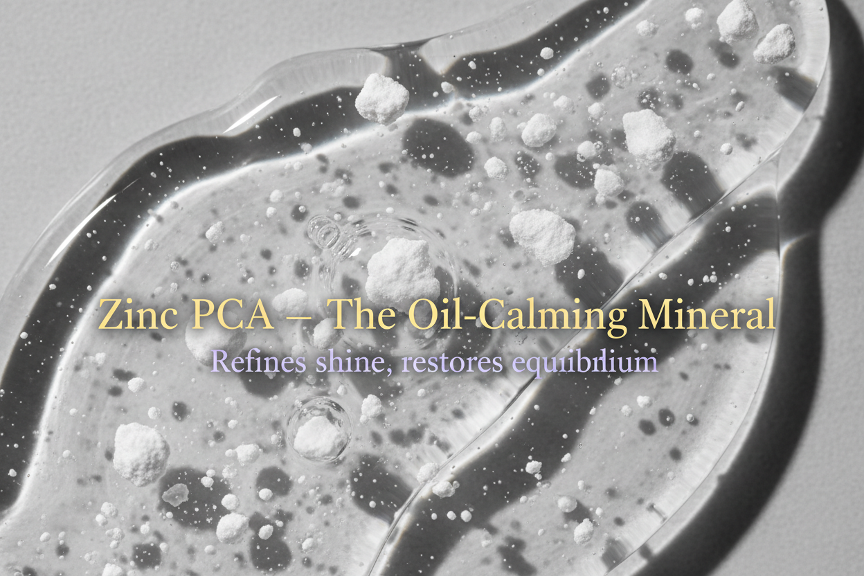 Mineral-inspired macro with fine matte particles suspended in clear gel. Directional lighting. Background cool stone-grey.
Overlay text:
– Title: “Zinc PCA — The Oil-Calming Mineral” in gold.
– Tagline: “Refines shine, restores equilibrium” in lilac.
Dermatological-luxury aesthetic.