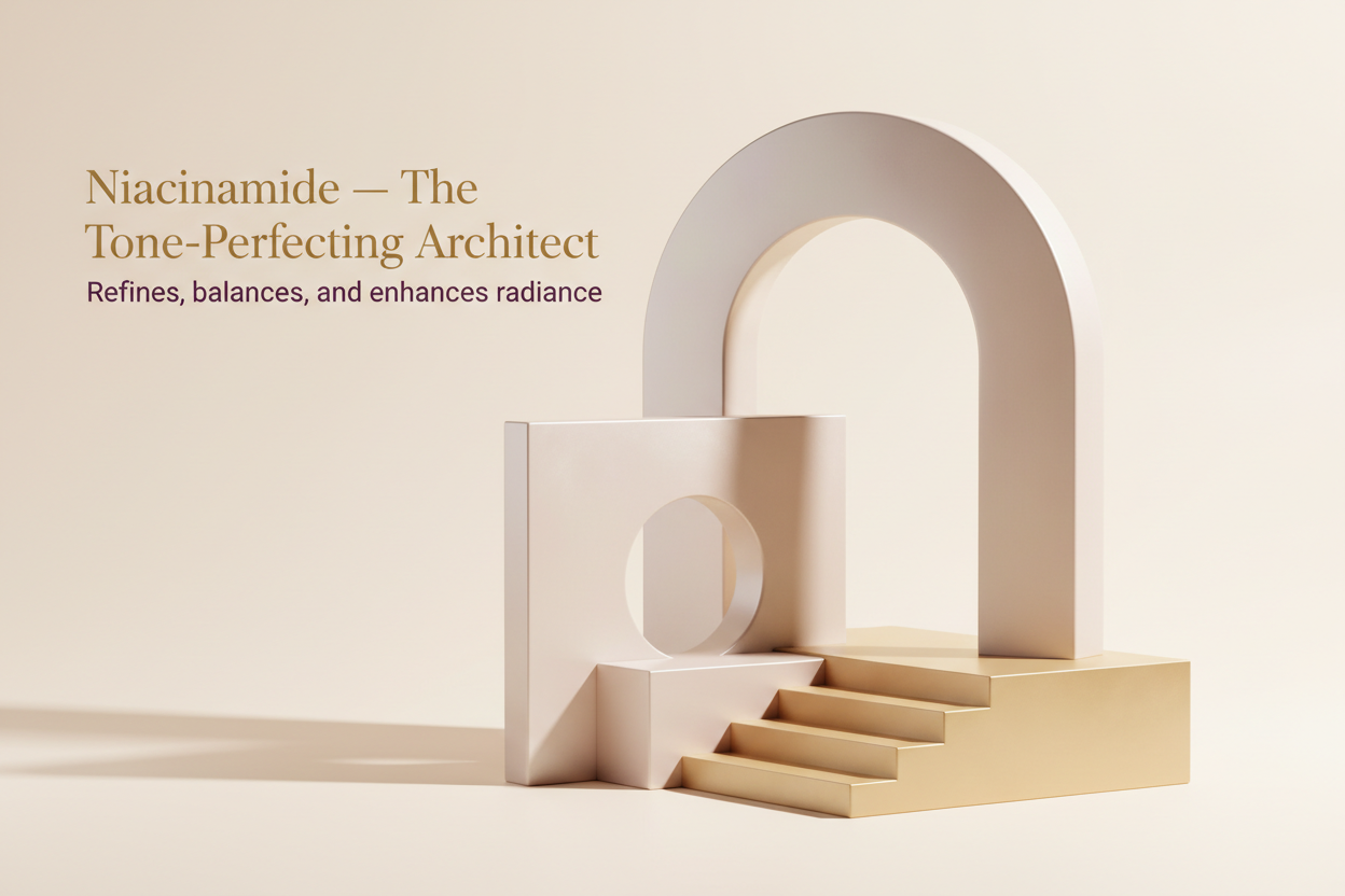 Minimalist architectural skincare visual with smooth geometric planes layered in pearl and muted gold tones. Shot with a high-resolution studio camera, controlled side lighting to create soft shadows and structure. Matte-satin surfaces with subtle glow. Background warm off-white.
Overlay text:
– Title text: “Niacinamide — The Tone-Perfecting Architect” in gold serif font.
– Tagline: “Refines, balances, and enhances radiance” in deep plum.
Typography should feel modern, precise, and couture-level.