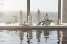 “Minimalist spa arrangement. Skincare bottles on white marble, soft sage botanical leaves, flowing water reflection, pale gold accents, serene luxury atmosphere, diffused morning light.