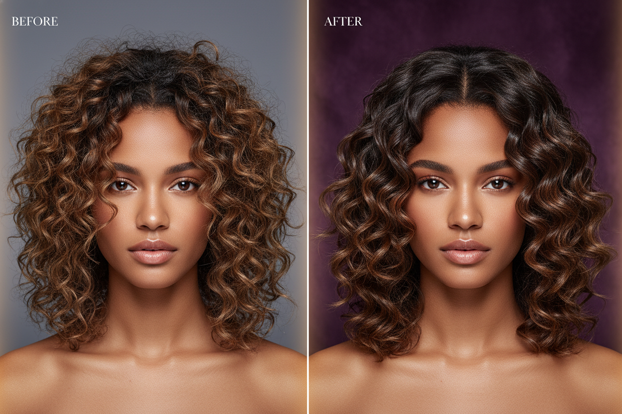 MODEL HAIR TYPE: 3B / 3C   BEFORE (Left):

Description:
Loose spirals with frizz halo around the head, curls not holding shape, ends slightly dry.

Background:
Cool neutral grey with soft lavender cast.AFTER (Right):

Description:
Curls are sleek, defined, frizz-free, with visible clumping and shine.
Ends look hydrated and smooth.

Background:
Rich velvet purple with subtle gold vignette edges.