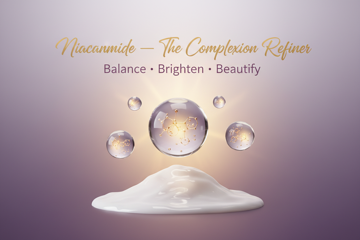 Niacinamide — The Complexion Refiner

Overlay text:

Title text in gold: “Niacinamide — The Complexion Refiner”

Tagline text in plum: “Balance · Brighten · Beautify”

Image prompt for Shopify AI:
“Luxury skincare ingredient visual: luminous translucent serum drops and abstract molecular structures floating above a smooth cream-clay surface. Background gradient from deep purple at the base to soft lilac at the top, accented with a soft gold glow. High-end, minimal, editorial lighting, no jar, just ingredien