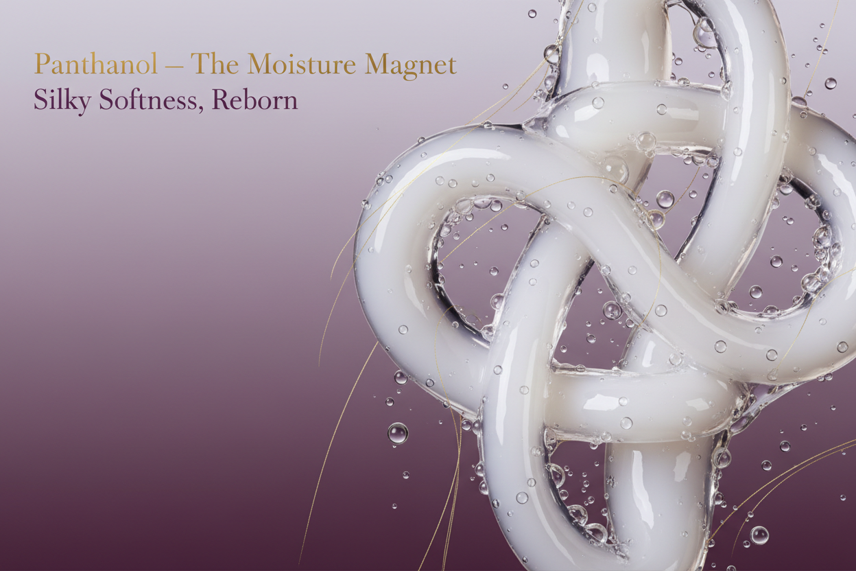 Panthenol — The Moisture Magnet

Overlay text:

Title text in gold

Tagline text in plum: “Silky Softness, Reborn”

Image prompt:
“High-end macro shot of glossy, creamy swirls and water droplets interlinked like magnets, symbolising moisture attraction. Background in soft lilac fading into deep purple, with subtle gold highlights. Luxurious, modern, slightly abstract. Negative space on the left for gold title and plum tagline.”