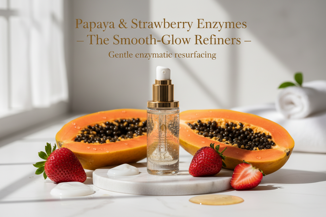 Papaya (papain) and Strawberry extracts deliver gentle enzymatic exfoliation that dissolves dull surface buildup without scrubbing or irritation. This promotes a smoother, more even texture and enhances natural radiance.

Together, the fruit enzymes help minimise the look of pores and support a brighter, clearer complexion — the perfect complement to the detoxifying clays. Write in title and tagline: Papaya & Strawberry Enzymes — The Smooth-Glow Refiners. Tagline: Gentle enzymatic resurfacing