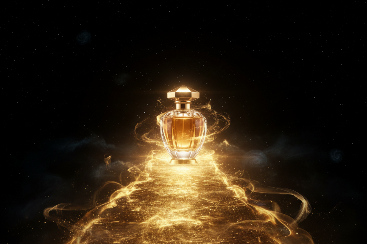 Pathway of golden light leading into dark space, symbolic of exploration and discovery with perfume bottle at the end of the light