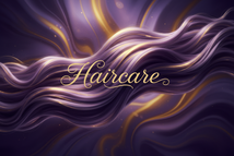 Purple-gold gradients, hair light-play, glossy textures with title Haircare written across image