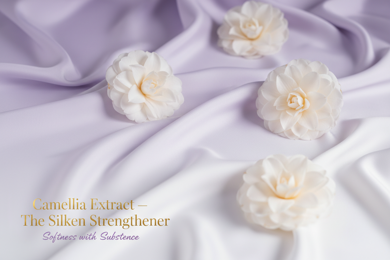 “Refined image of pale camellia flowers resting on a silky fabric that flows from lilac to soft white. Light catching the folds to suggest strength and fluidity. Soft, dreamy, high-end editorial style. Room in lower left for gold title and lilac tagline.” Write in title and tagline: Camellia Extract — The Silken Strengthener
Title text in gold
Tagline text in lilac: “Softness with Substance”