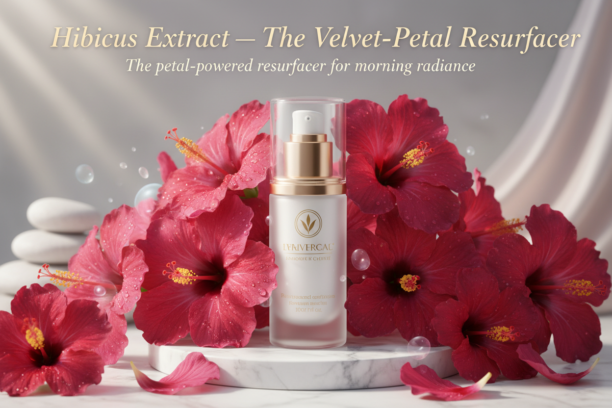 Revered as the “youth blossom,” hibiscus contains natural AHAs that gently encourage overnight resurfacing. Its petal-derived acids brighten, smooth, and refine texture while preserving comfort. By morning, skin appears refreshed, renewed, and naturally luminous. Write in title and tagline: Hibiscus Extract — The Velvet-Petal Resurfacer

Tagline: “The petal-powered resurfacer for morning radiance.”