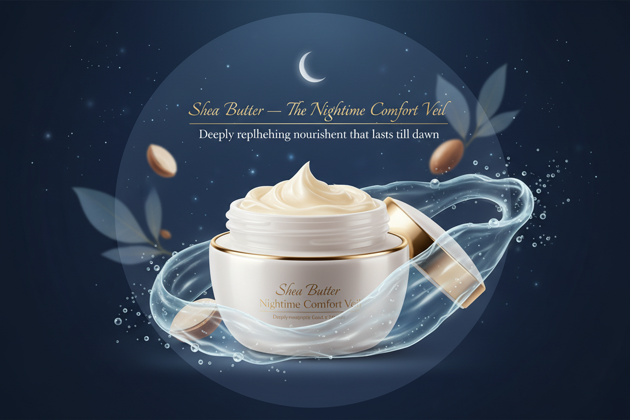Rich in restorative fatty acids and antioxidants, shea butter creates a plush, cocooning veil of moisture that helps repair and strengthen the skin barrier overnight. It softens roughness, reduces dryness, and promotes supple, rejuvenated skin by morning — a true night-time renewal ritual. Write in title and tagline : Shea Butter — The Nighttime Comfort Veil

Tagline: “Deeply replenishing nourishment that lasts till dawn.”