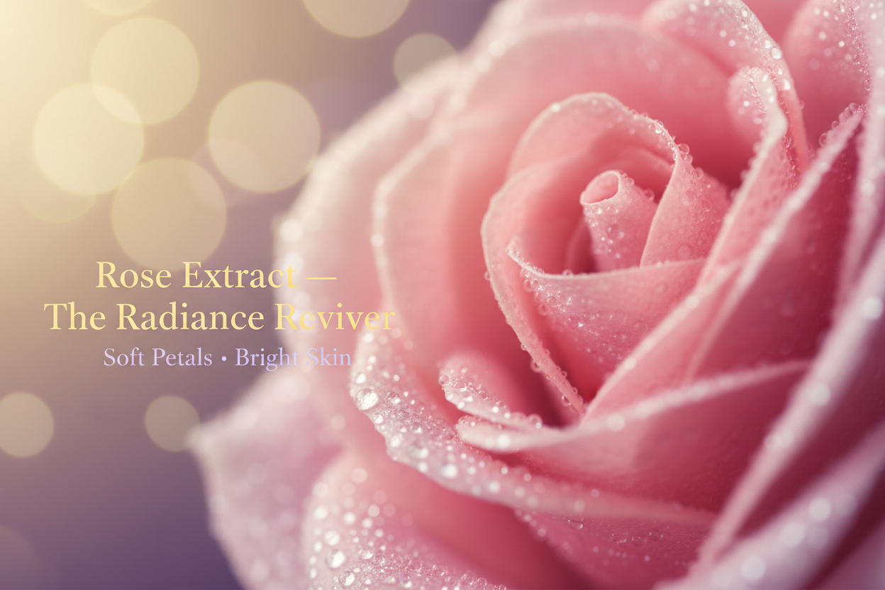 Rose Extract — The Radiance Reviver

Overlay text:

Title text in gold

Tagline text in lilac: “Soft Petals · Bright Skin”

Image prompt:
“Soft-focus close-up of pink rose petals with tiny dewdrops, glowing softly under warm gold and lilac light. Romantic, luminous, luxurious, with a clean negative space on one side for gold title and lilac tagline.”