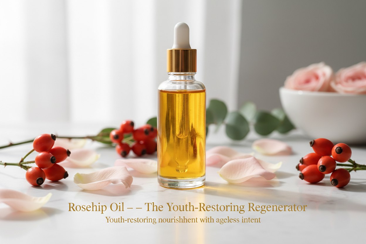 Rosehip oil is rich in vitamins A and C — two of nature’s most powerful skin rejuvenators. It helps soften fine lines, brighten uneven tone, and improve elasticity with consistent use. Its regenerative botanical actives support long-term radiance, making it an essential for age-defying nourishment. Write in title and tagline :Rosehip Oil — The Youth-Restoring Regenerator

Tagline: “Youth-restoring nourishment with ageless intent.”