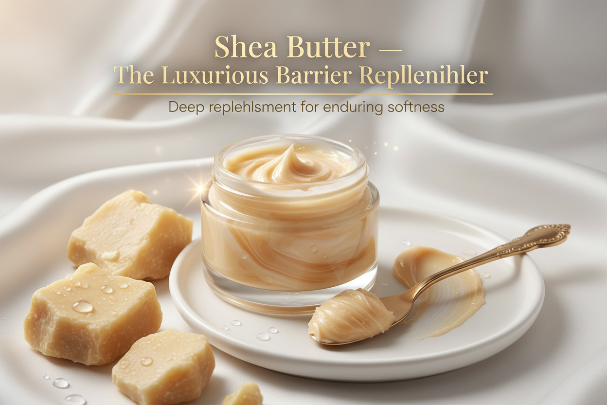 Shea Butter — The Luxurious Barrier Replenisher

Tagline: “Deep replenishment for enduring softness.”
Shea butter infuses the skin with rich lipids that fortify the barrier, lock in moisture, and nurture dry or mature skin. It provides lasting nourishment that reinforces resilience and restores comfort. Write in title and tagline