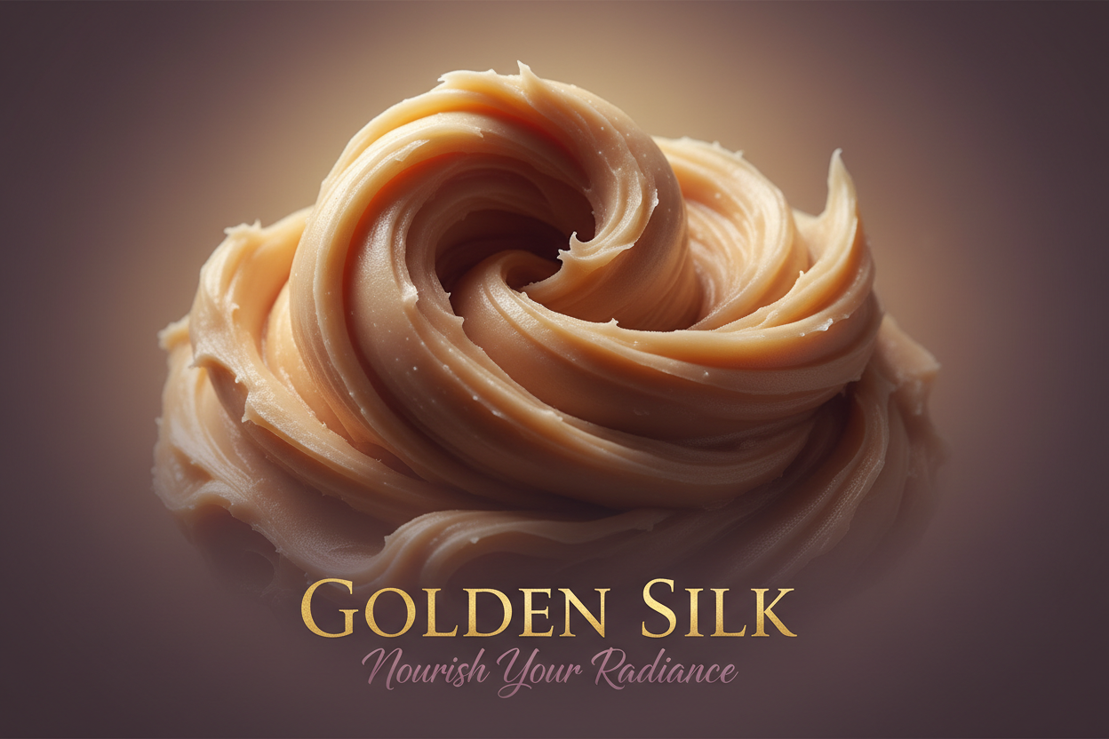 Shea Butter — The Velvet Restorer

Overlay text:

Title text in gold

Tagline text in plum: “Deep Nourishment · Endless Comfort”

Image prompt:
“Luxurious close-up of soft shea butter curls and creamy swirls, lit with warm, buttery light. Background in muted plum with a soft gold vignette. Texture should look plush and cocooning. Keep lower third clear for gold title and plum tagline overlays.”