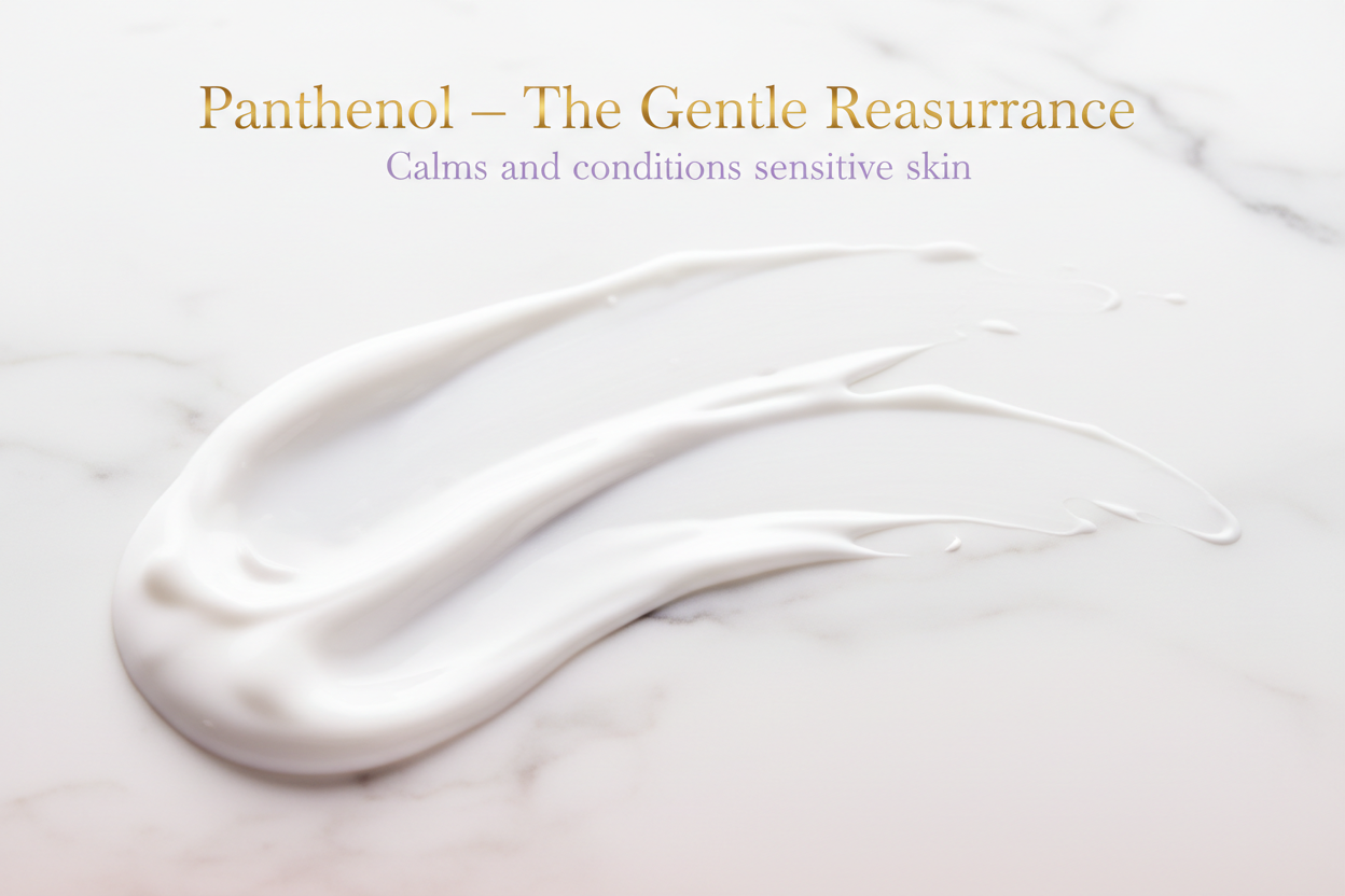 Silky milky fluid spreading smoothly across a surface. Balanced neutral lighting. Background soft blush-white.
Overlay text:
– Title: “Panthenol — The Gentle Reassurance” in gold.
– Tagline: “Calms and conditions sensitive skin” in lilac.
Quiet, refined, sensitive-skin luxury tone.
