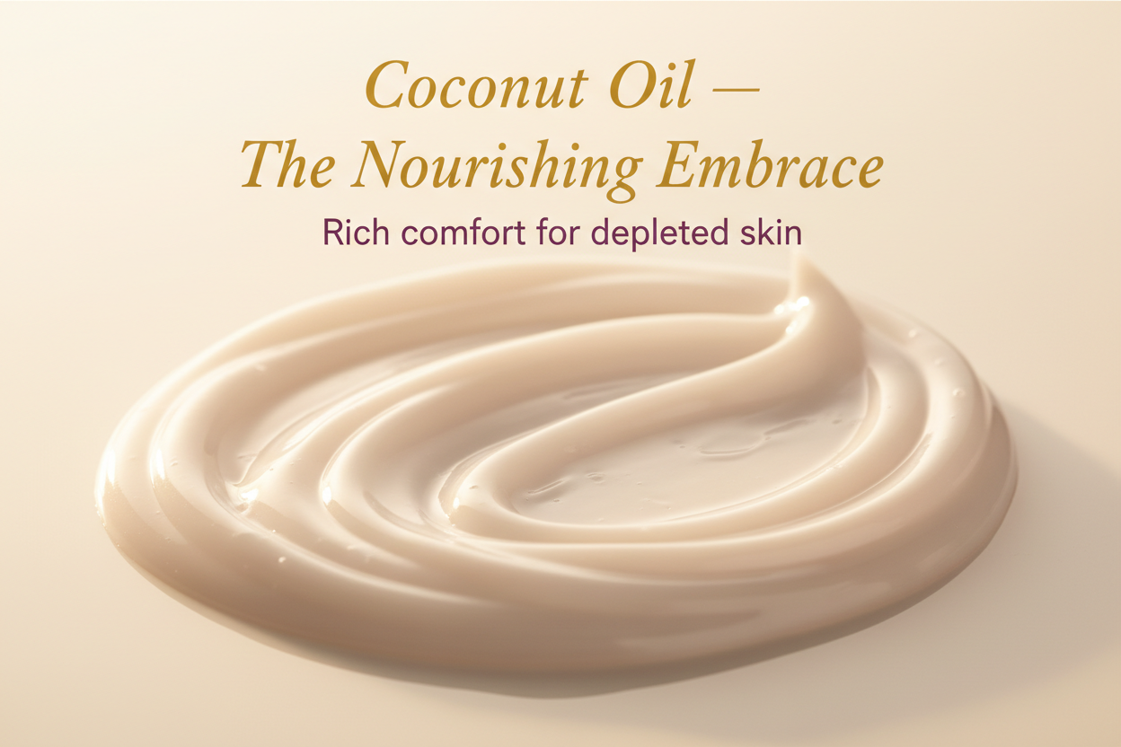 Slow-flowing creamy oil textures under warm golden light. Cinematic lighting, soft shadows. Background warm ivory.
Overlay text:
– Title: “Coconut Oil — The Nourishing Embrace” in gold.
– Tagline: “Rich comfort for depleted skin” in plum.
Sensual, enveloping, couture-level aesthetic.
