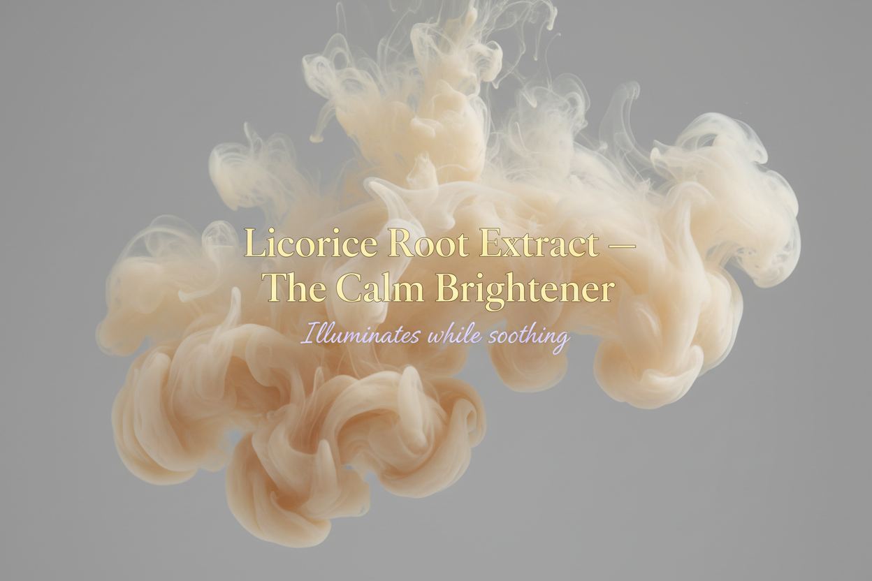 Soft botanical abstraction in pale cream and warm beige tones, gently swirling in liquid. Natural diffused lighting. Background matte stone-grey.
Overlay text:
– Title: “Licorice Root Extract — The Calm Brightener” in gold.
– Tagline: “Illuminates while soothing” in lilac.
Typography should feel gentle, elegant, and reassuring.