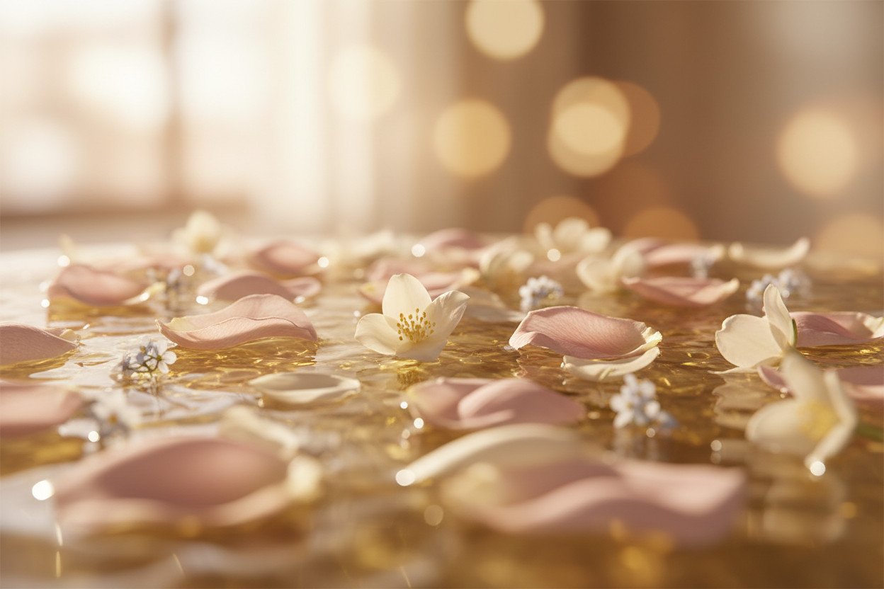soft floral petals floating in oil