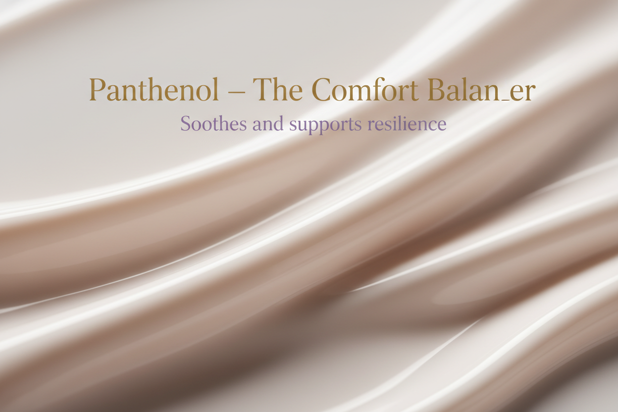 Soft-focus macro of creamy fluid folding like silk. Gentle top lighting, warm-neutral palette. Background pale blush-grey.
Overlay text:
– Title: “Panthenol — The Comfort Balancer” in gold.
– Tagline: “Soothes and supports resilience” in lilac.
Minimal, calming, premium skincare typography.