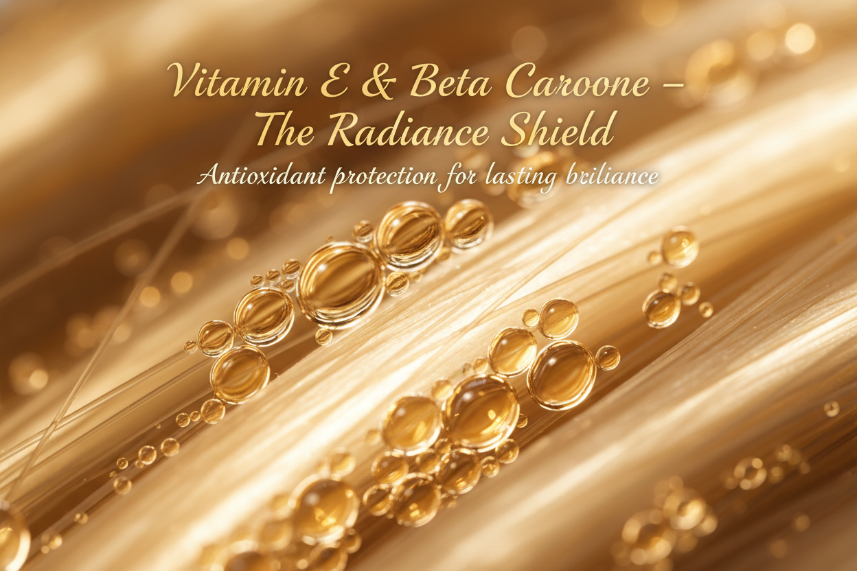 Soft focus macro of golden oil droplets forming a protective halo around luminous hair fibers — serenity and strength captured in light. Write in title and tagline - Vitamin E & Beta Carotene – “The Radiance Shield”
Tagline: Antioxidant protection for lasting brilliance.