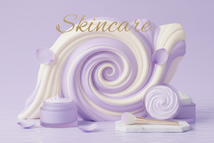 Soft lilac tones, smooth textures, cream swirls with title Skincare written across image