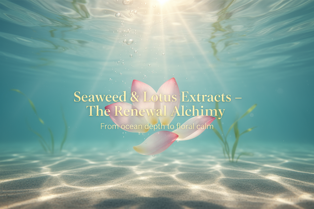 Soft underwater lotus petals illuminated by sunlight filtering through turquoise water — fluid, tranquil, transcendent. Write in title and tagline - Seaweed & Lotus Extracts – “The Renewal Alchemy”
Tagline: From ocean depth to floral calm.
