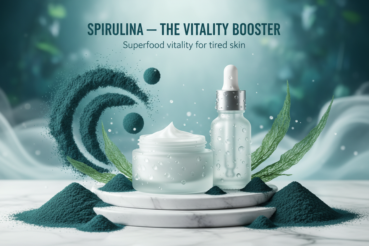 Spirulina is a nutrient-dense algae rich in amino acids, vitamins, and antioxidants. It helps energise fatigued skin and restore vitality lost to stress or dullness.

This superfood ingredient supports improved smoothness and enhances the skin’s luminosity, creating a refreshed, revived appearance after each use. Write in title and tagline : Spirulina — The Vitality Booster. Tagline: Superfood vitality for tired skin