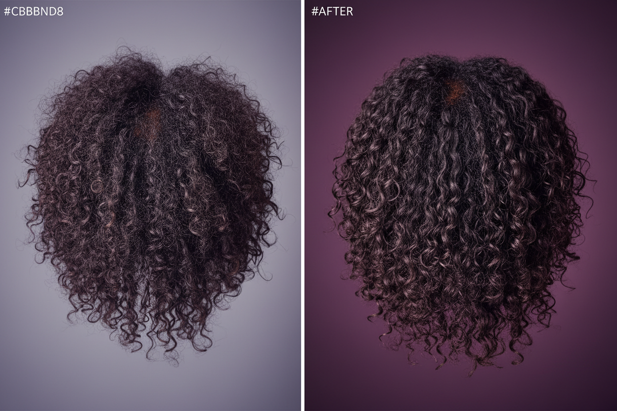 split photo: MODEL HAIR TYPE: 3C / 4A
🟣 BEFORE (Left):

Description:
A close-up shoulder-level shot of a head of curls with tight shrinkage, visible frizz halo, and slightly uneven curl clumping.
Background:
Soft lavender-grey with a hint of cool purple undertone (#CBBBD8).
Mood:
Neutral, honest, “everyday curls.”
AFTER (Right):

Description:
Curls appear elongated, deeply moisturised, and forming beautiful clumps. Soft shine across strands.

Background:
Plum purple gradient (#3B1E54 → #2C1341), soft blur.