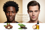 split photo of black man, and white man with title written in - RepairLux Damage Repair Hair Oil – Restorative Treatment with with images of Macadamia, Moringa & Marula Oils