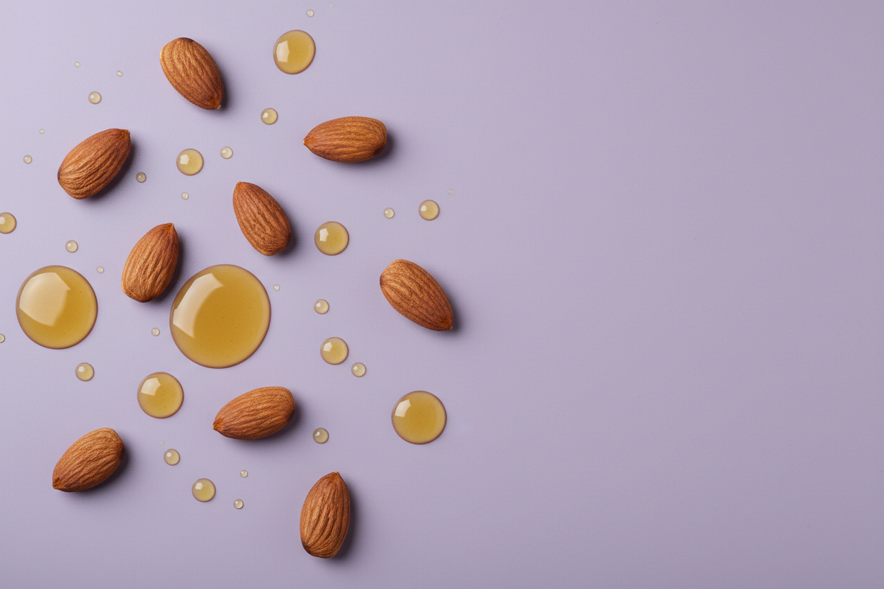 Sweet Almond Oil — The Elasticity Enhancer

Overlay text:

Title text in gold

Tagline text in lilac: “Softness, Strength and Silken Renewal”

Image prompt:
“Elegant flat-lay of whole almonds and glossy golden oil drops on a smooth lilac surface. Gentle reflections to suggest suppleness and elasticity. Modern, minimal, luxe. Clear space on the right side for gold title and lilac tagline.”