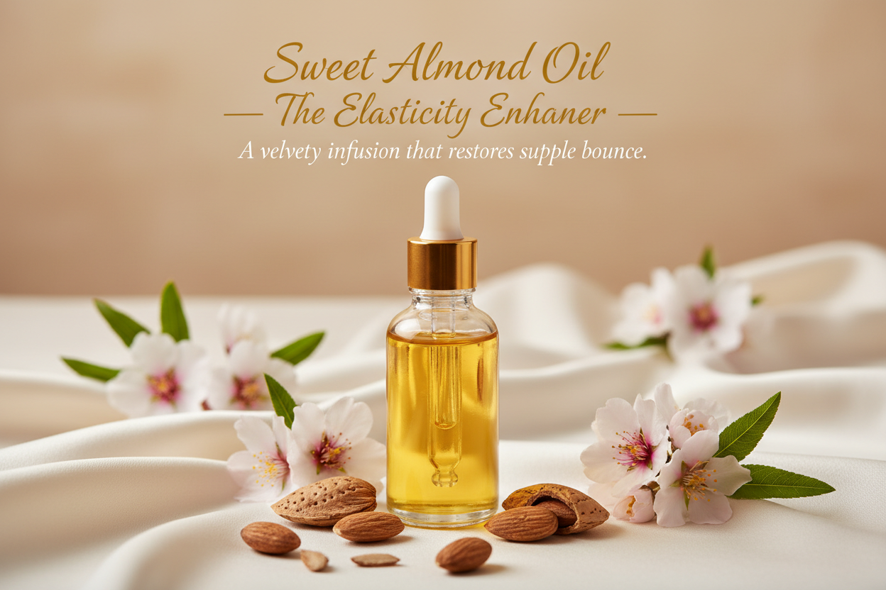 Sweet Almond Oil — The Elasticity Enhancer

Tagline: “A velvety infusion that restores supple bounce.”
Gentle and luxurious, sweet almond oil enriches the skin with essential fatty acids that smooth and soften. It enhances elasticity and supports long-term barrier health, giving the complexion a plush, youthful feel with every application. Write in ttile and tagline