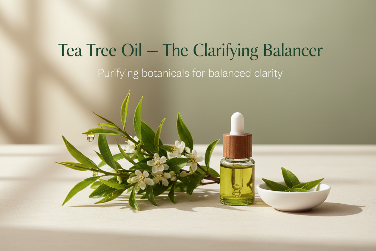 Tea Tree Oil is a potent botanical renowned for its purifying properties. It helps reduce the appearance of blemishes and supports the skin’s natural clarity, making it ideal for oily and breakout-prone skin.

This ingredient uplifts the formula with a refreshing, invigorating aroma while helping maintain a balanced, clarified complexion. Write in title and tagline: Tea Tree Oil — The Clarifying Balancer. Tagline: Purifying botanicals for balanced clarity