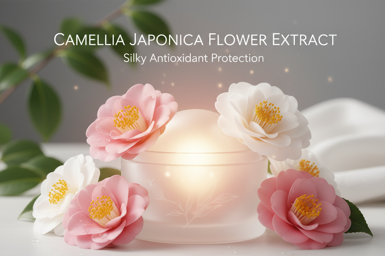 This elegant flower extract provides antioxidant defence that helps improve dullness and uneven tone. It supports the skin’s resilience and enhances brightness without irritation, making it ideal for sensitive or reactive skin.  Write in title and tagline: Camellia Japonica Flower Extract — Silky Antioxidant Protection