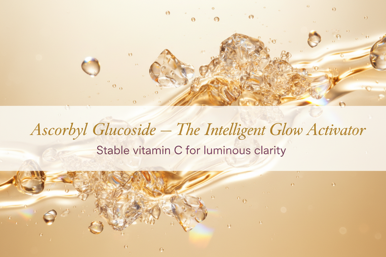Ultra-close macro view of translucent crystalline particles dissolving into liquid light, suspended in clear serum. Shot on a medium-format camera with a 100mm macro lens. Soft diffused studio lighting with warm golden highlights and subtle prism refractions. Background fades from soft ivory into champagne gold.
Overlay text:
– Title text: “Ascorbyl Glucoside — The Intelligent Glow Activator” in elegant gold serif typography.
– Tagline text beneath: “Stable vitamin C for luminous clarity” in refined plum sa