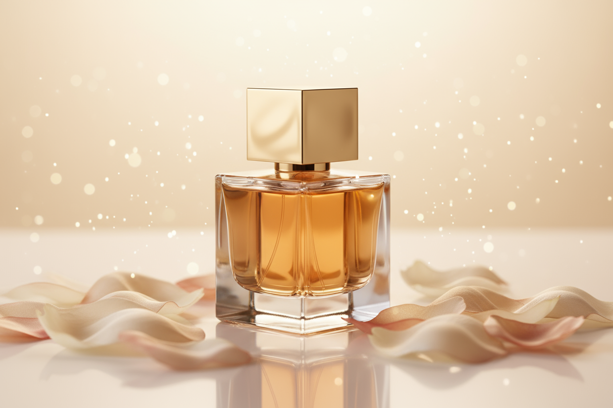 Ultra-luxury product photograph of a square-cut perfume bottle with a gold mirrored cap and warm champagne-glass reflections. Surround the bottle with soft ivory and blush-rose petals arranged in a minimal, poetic composition. Background in warm cream with a gentle gradient. Cinematic soft-focus lighting, golden-hour glow, micro-sparkle bokeh, high-end editorial styling. Shot on medium-format, 8k detail, glossy yet elegant, minimal shadows, luxury skincare aesthetic.