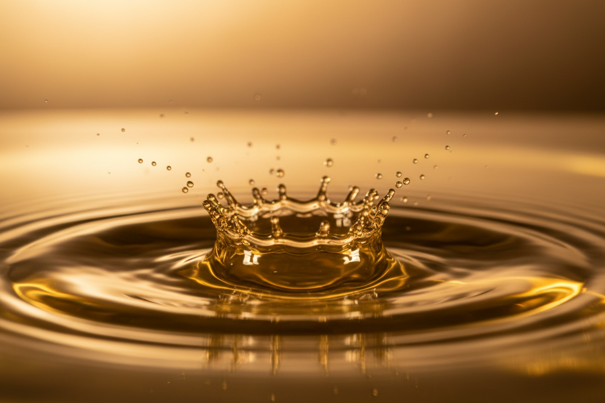 Ultra-short loop of a drop of oil hitting fluid surface, golden ripples, macro cinematic.