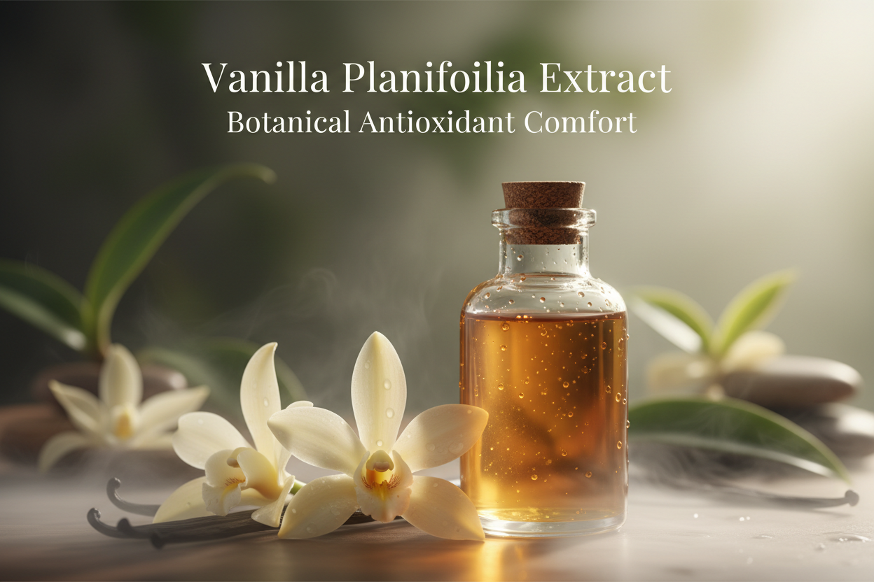 Vanilla Planifolia brings gentle antioxidant protection to help shield the skin from environmental stress. It softens, calms, and smooths, adding comfort to skin that feels fatigued or overwhelmed.
Its delicate aromatic profile also adds a subtle sensorial dimension, elevating the experience with warmth and refinement. Write in title and tagline: Vanilla Planifolia Extract — Botanical Antioxidant Comfort