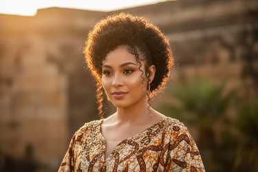 very light skinned Nigerian woman wearing native attire with rich 4A curls styled in an elegant up-do, with soft baby hairs visible at her edges; captured in golden sunset light that enhances her skin and hair’s natural glow. The scene should feel intimate, graceful, and quietly triumphant — renewal made visible.