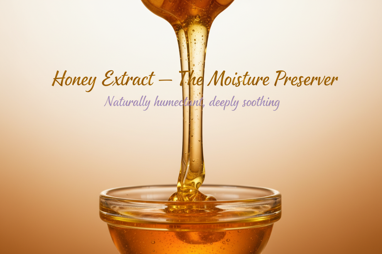 Viscous golden honey suspended mid-drip, glowing under warm studio light. Background amber-to-cream gradient.
Overlay text:
– Title: “Honey Extract — The Moisture Preserver” in gold.
– Tagline: “Naturally humectant, deeply soothing” in lilac.
Warm, indulgent, reassuring typography.