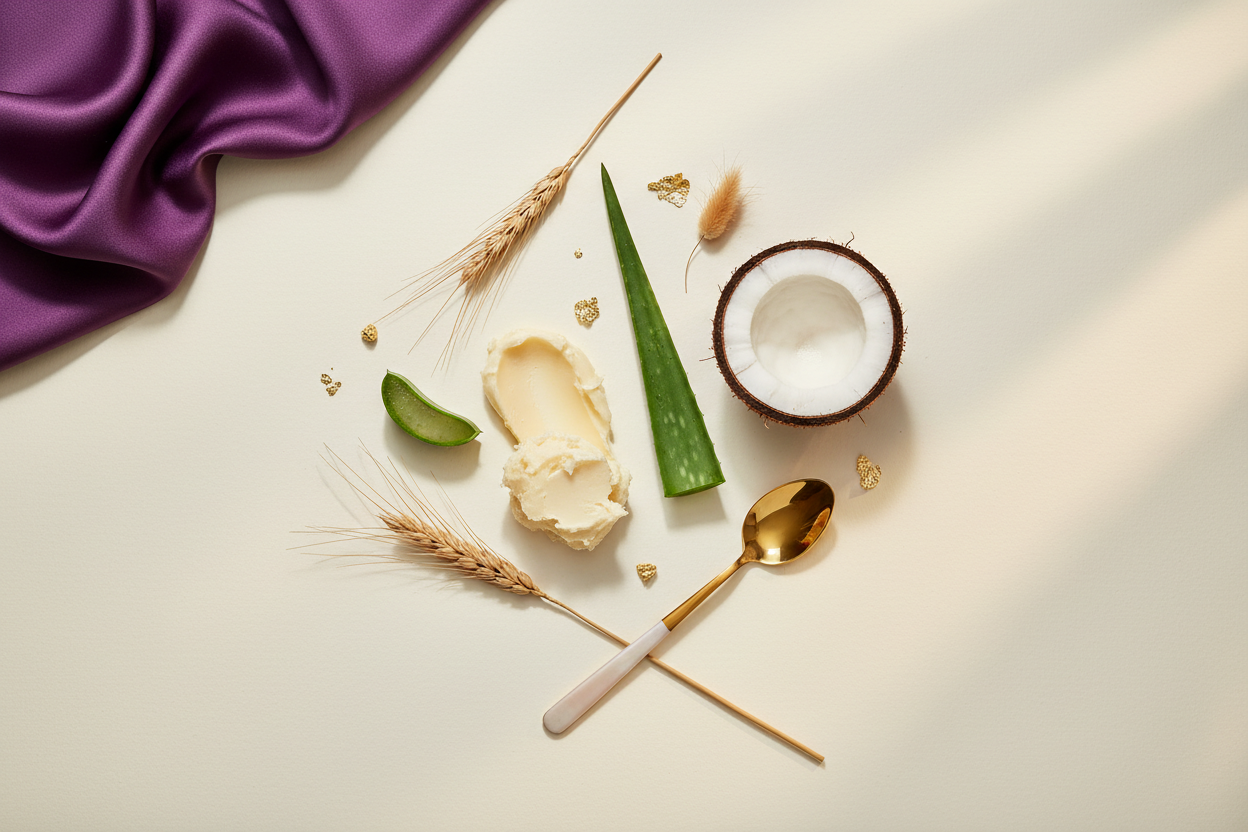 Visual Concept:

A chic flatlay:

Shea butter

Aloe slice

Coconut piece

Wheat stems
Arranged with gold accents.

Background:

Minimal cream-white with a purple silk drape in one corner.

Details:

Gold spoon

Shadow play

Soft warm light

Purpose:

Communicates luxury botanical formulation.